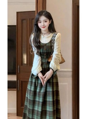 学院风假两件绿色格子连衣裙子春秋季女装2025新款小个子穿搭
