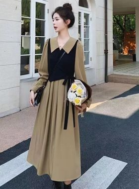 法式复古长袖假两件连衣裙女2025春季新款英伦风显瘦赫本风茶