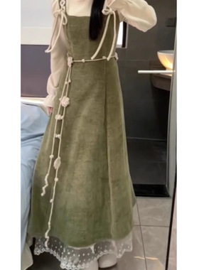 法式新款气质春秋假两件复古过膝连衣裙学院收腰显瘦拼接裤子