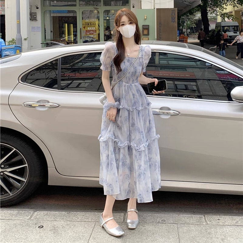 大码女装法式仙女桔梗碎花长裙胖妹妹森系收腰显廋初恋雪纺