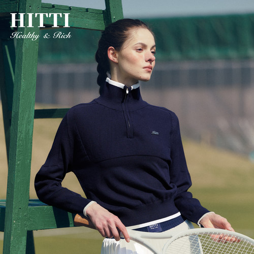 Hitti新款运动休闲半拉链肌理毛衫网球高尔夫老钱风高领套头卫衣