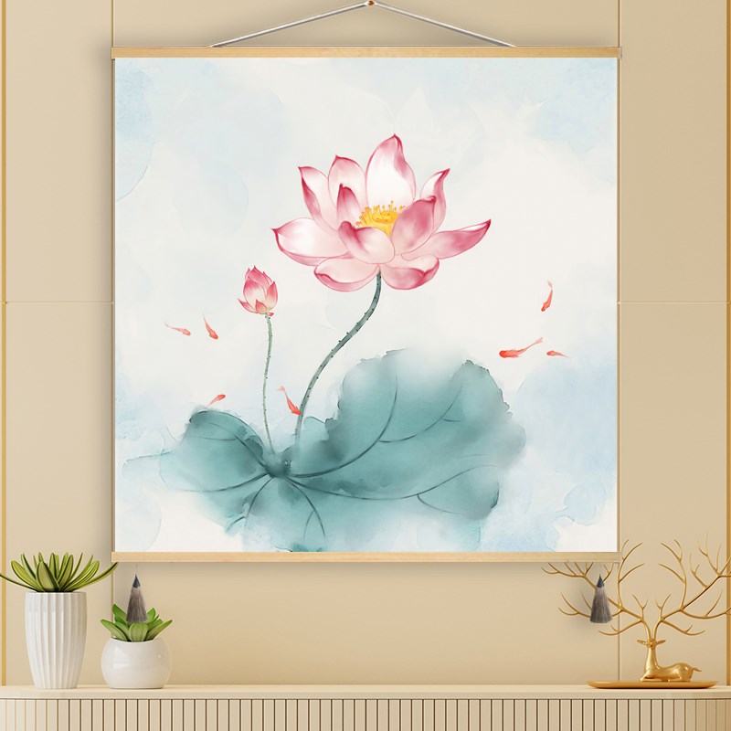 客厅装饰画餐厅卧室玄关布艺挂画电闸箱免打孔遮挡壁画风水荷花画图片