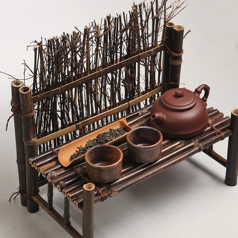 紫竹小篱笆屏风 竹编茶杯架子桌面茶台 围栏栅栏装饰摆件摄影背景