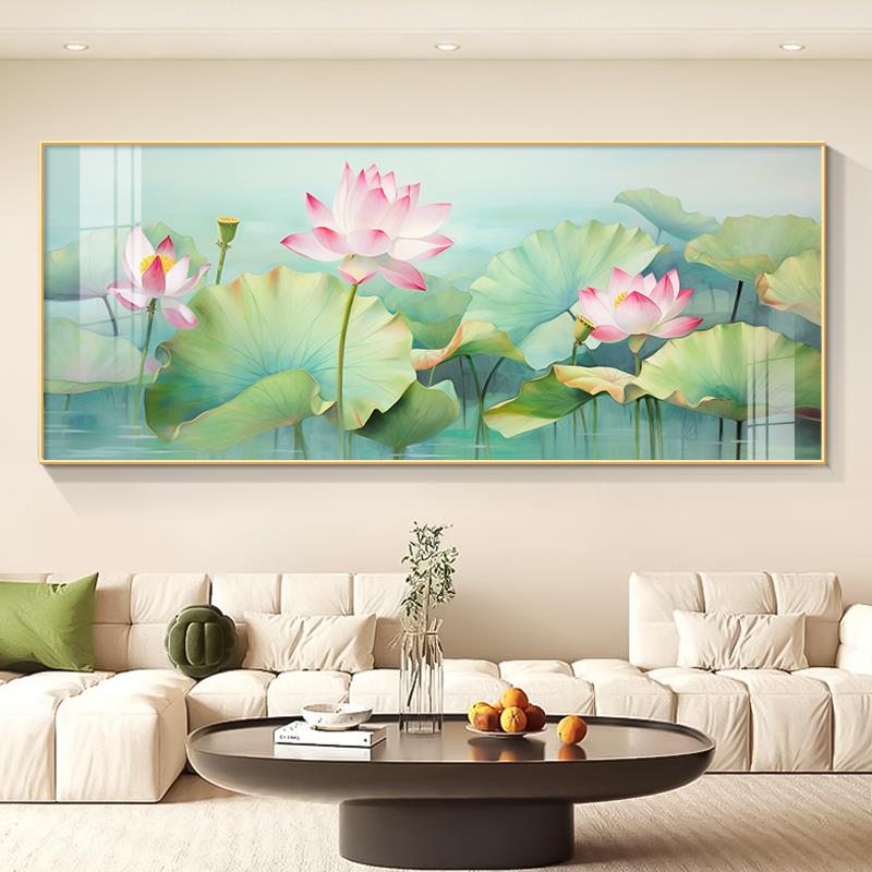 现代简约荷花客厅装饰画沙发背景墙横版写实莲花挂画餐厅卧室壁画图片