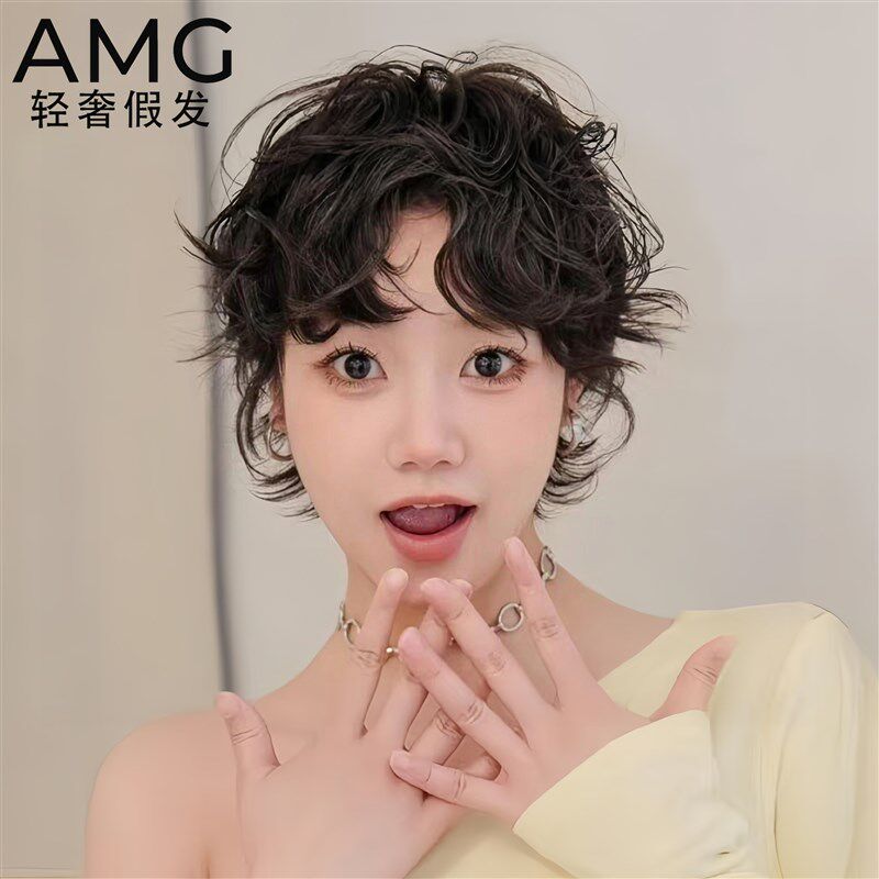 假发女短发全头套真人发丝微烫卷夏季轻薄永久短卷发自然假发套