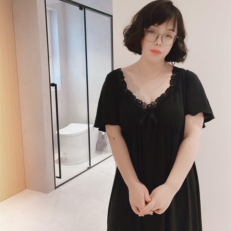 大码胖妹妹半袖带胸垫固定薄款胸垫睡裙冰丝面料V领显瘦舒适宽松
