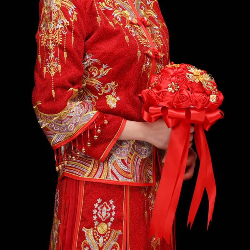 中式婚礼新娘结婚手捧花仿真布艺玫瑰假花球婚纱摄影道具婚庆用品