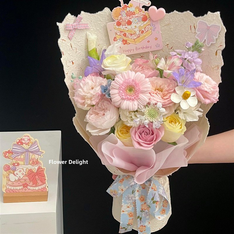 少女心粉色玫瑰混搭花束成品彷真花送女生生日节日见面小花束礼物