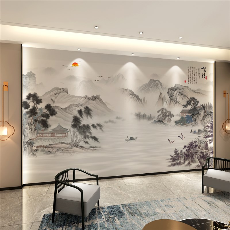 新中式山水电视背景集成墙板客厅沙发影视墙木饰板卧室床头护墙板