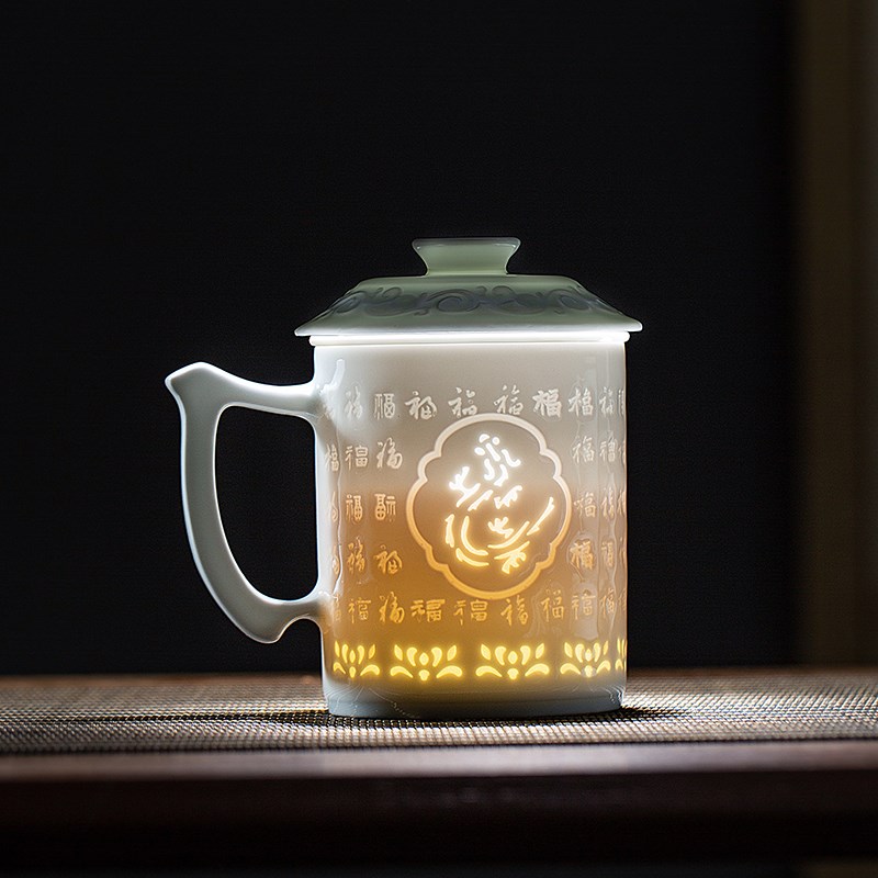 景德镇陶瓷茶杯茶水分离办公杯子生肖玲珑瓷水杯大容量过滤泡茶杯