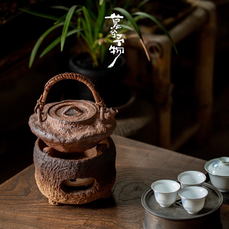慕兮老岩泥炭炉煮茶炉套装藤编提梁煮茶壶围炉煮茶复古陶炉炭火炉