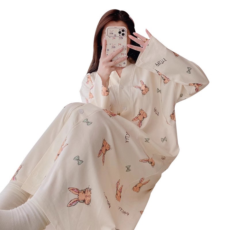 产妇待产裙两件套带胸垫秋季大码月子服孕妇睡衣医院内检哺乳睡裙