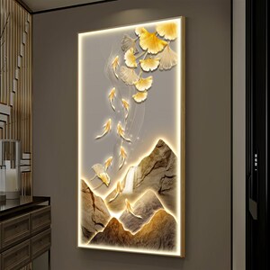 九鱼聚财玄关装饰画 发光镶钻新中式客厅挂画可订制