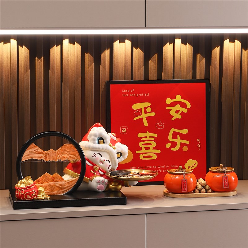 招财猫流沙画摆件入户玄关钥匙收纳家居客厅沙漏装饰新年乔迁礼物