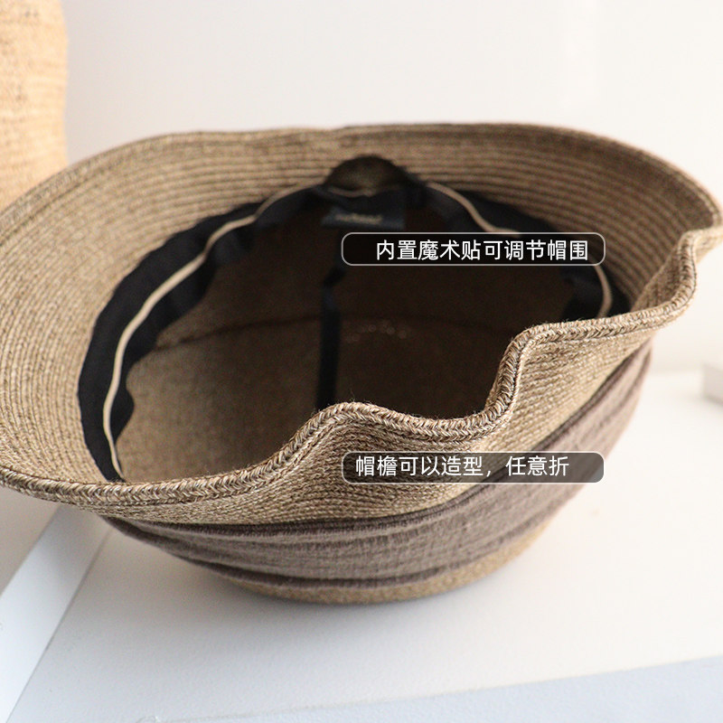 春夏UV防紫外线女褶皱混色草帽防晒渔夫帽法式小头围遮阳草帽度假