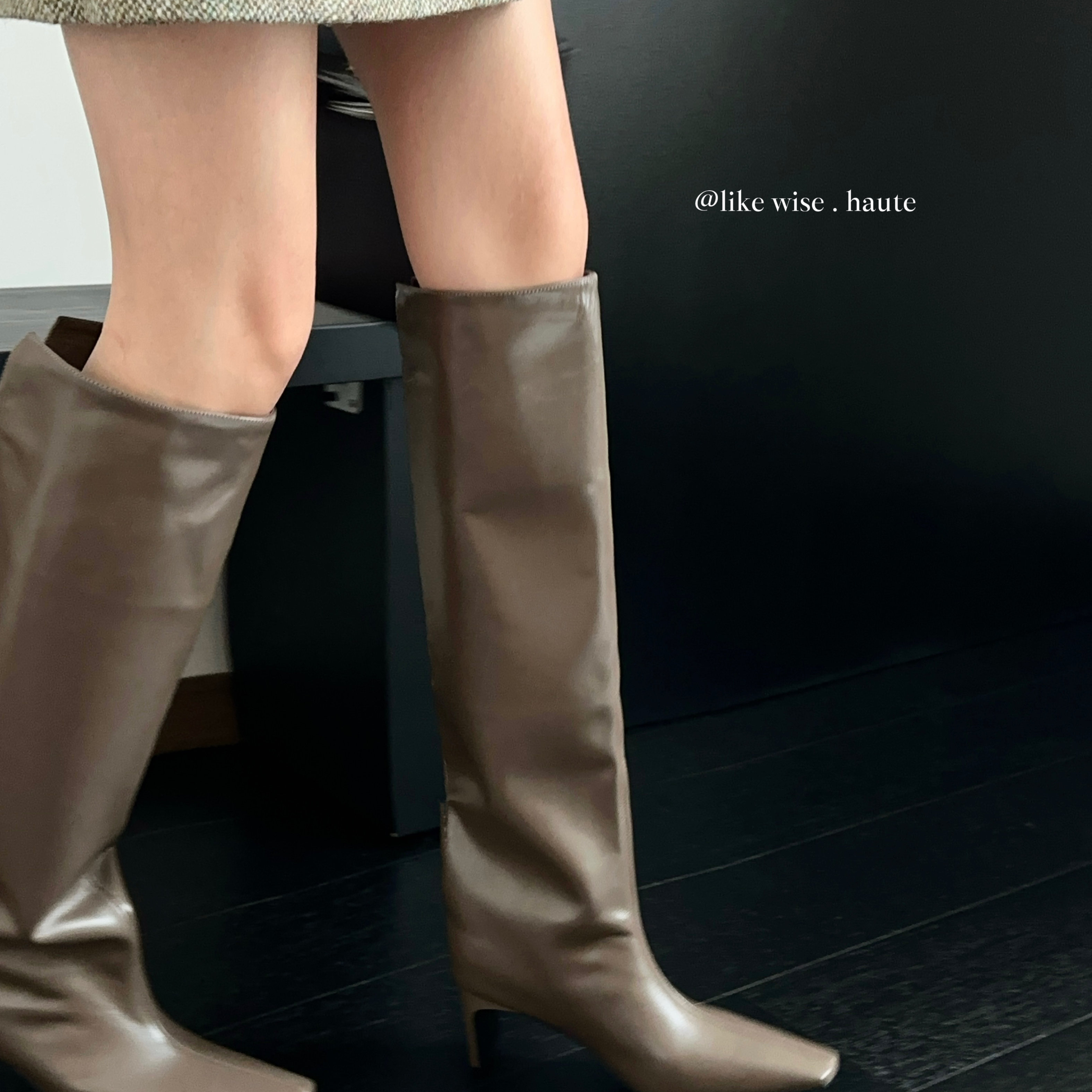 LIKE WISE HAUTE · 6cm法式小尖方头扁跟真皮显瘦长短款及膝靴