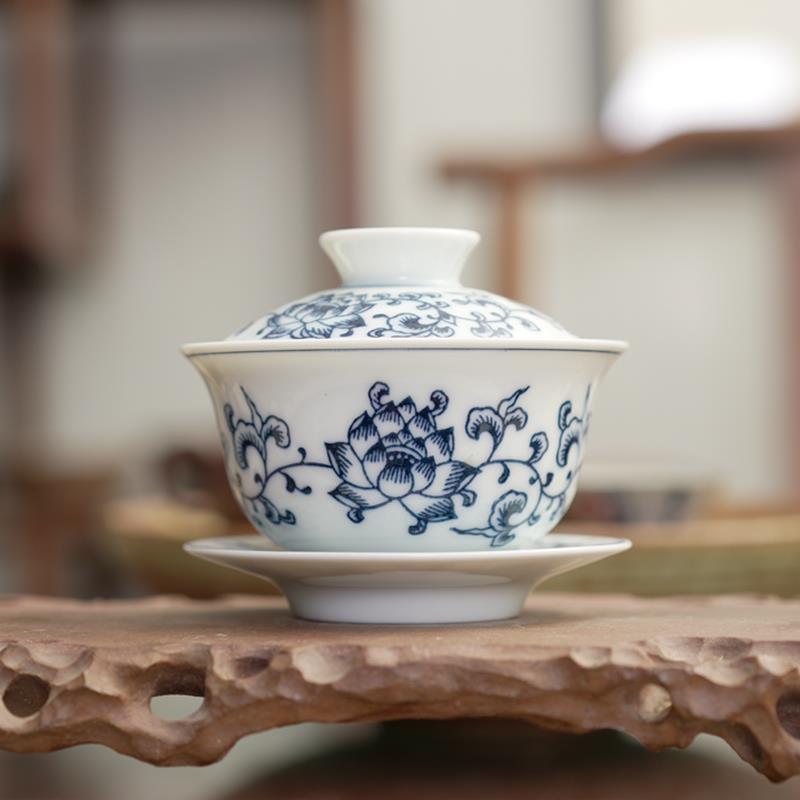 手绘青花瓷茶具泡茶器 三才盖碗 功夫陶瓷茶具茶碗三才杯家用白瓷