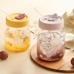 蓝莲花家居玻璃吸管杯带刻度耐高温大容量带盖杯子小兔网红喝水杯