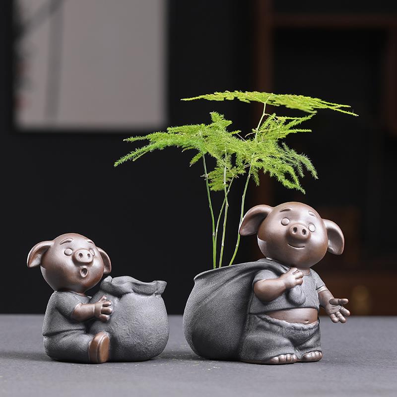 新中式创意可爱小猪迷你茶宠摆件精品花器水培花瓶可养茶艺茶玩