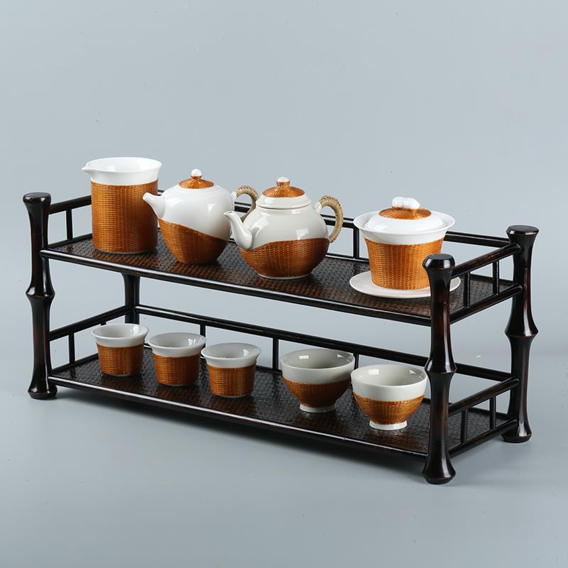 新中式纯手工筇竹茶棚双层杯架桌面博古架茶具收纳架多功能置物架