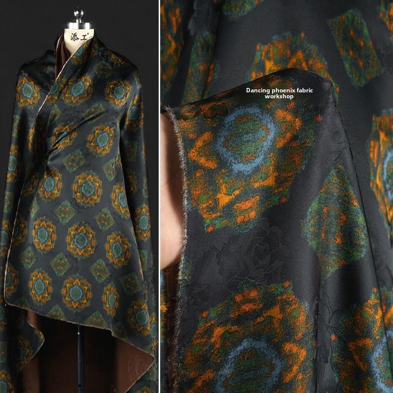 黑青色 宝相花香云纱花罗提花面料 藏地情人 新中式外套马甲布料