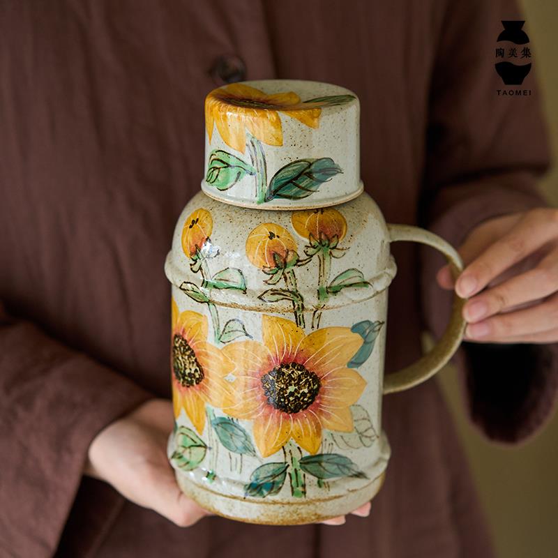 陶美集手绘带盖大容量马克杯办公室家用水杯陶瓷茶杯景德镇凉水壶