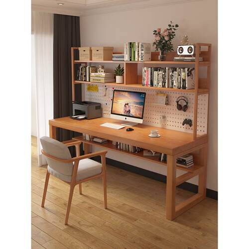 全实木书桌书架一体靠墙写字小户型学生家用洞洞板电脑学习桌书柜