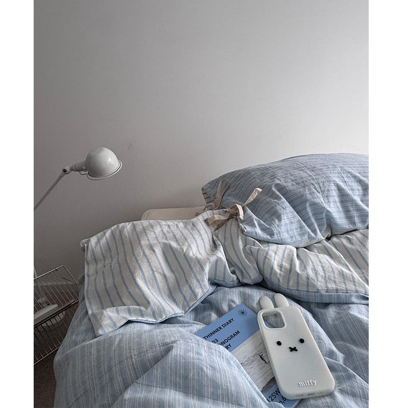 茉莉的山姆/Nordic北欧冰川蓝条纹水洗棉四件式床组全棉被套床笠