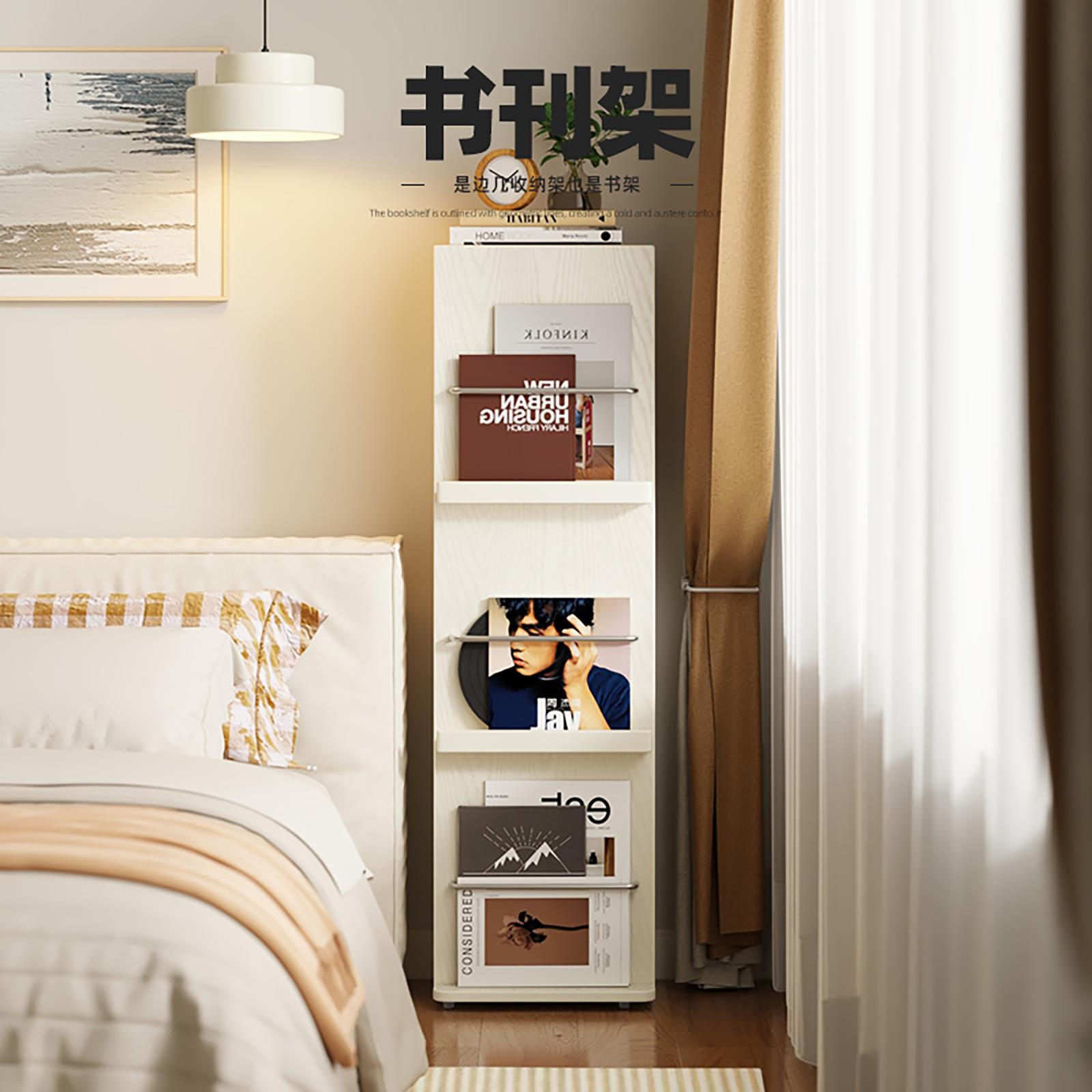 床头书架落地置物架实木书柜储物柜一体绘本收纳白色窄柜不占空间