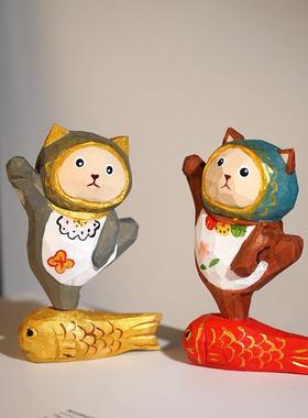 【脚踏锦鲤好运向前】手工木雕小摆件卡通可爱工位趣味摆放装饰品