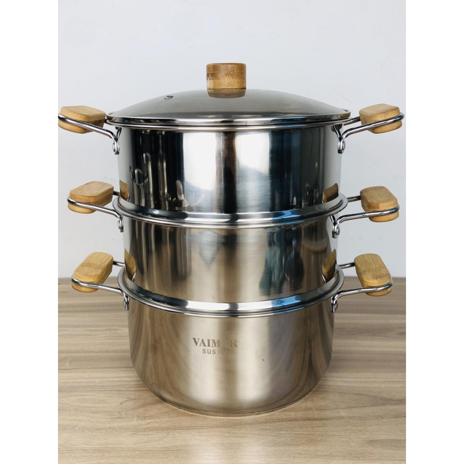 304韩式3-4人加厚24双层底汤锅竹保温柄燃气电磁炉不锈钢蒸锅