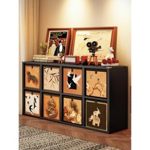 实木格子柜中古风卡莱克书架落地置物架幼儿园八格书柜储物柜一体