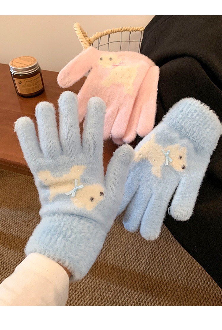 手套女士学生写字加绒加厚骑车保暖防寒针织毛线全指手套潮秋冬季