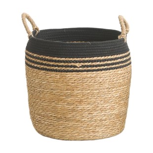 跨境手工黑边线蒲草花篮双耳装 饰花瓶 饰篮子落地花盆客厅草编篮装