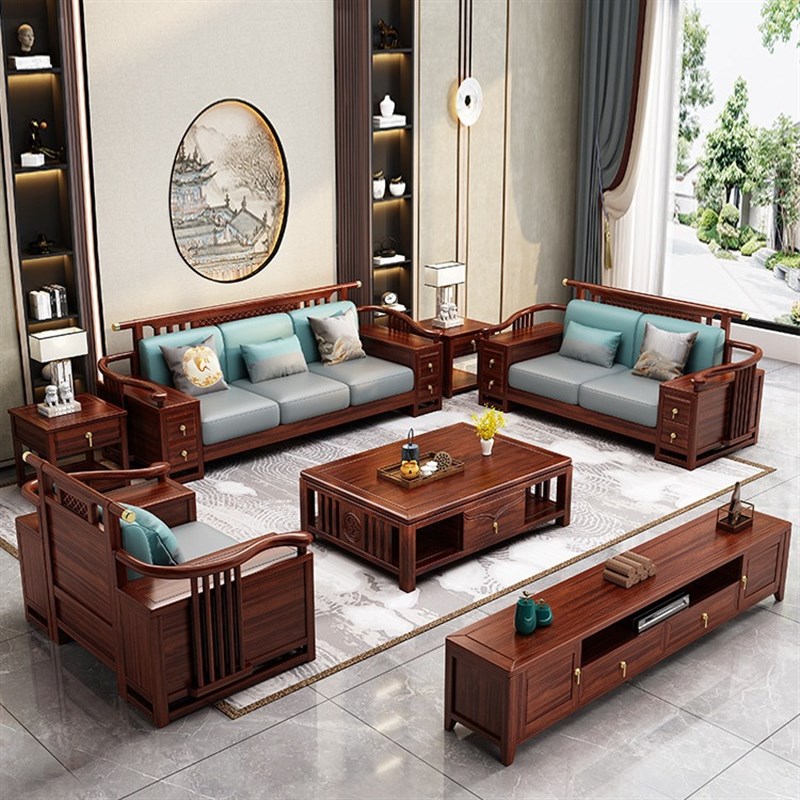 新中式沙发乌金木别墅客厅家具组合套装冬夏两用储物实木沙发