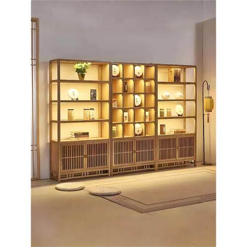 2025新型实木茶室薄谷架带轻书柜隔板储物架茶柜储物架茶柜展示柜