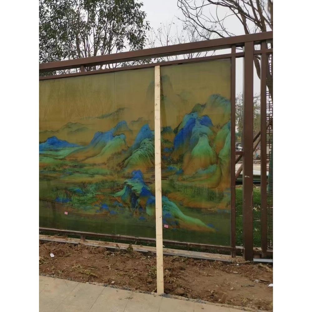 福州厂家新中国风艺术山水画人像水静意境画丝纹夹丝玻璃屏风隔断