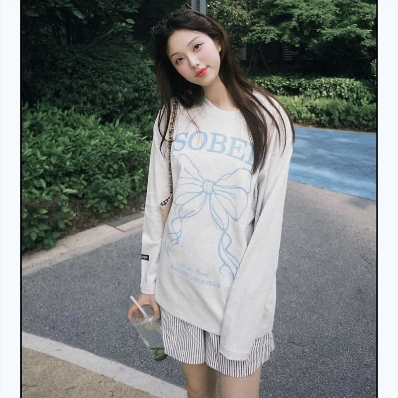 灰色蝴蝶结印花长袖t恤女