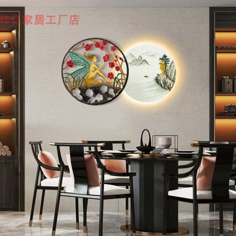 会所酒店KTV手绘山水画装饰挂件圆形壁挂天使玄关墙饰新中式墙面图片