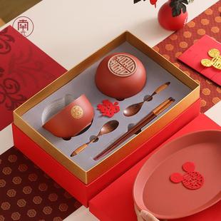 女方陪嫁娘家红碗筷子婚礼用品礼物餐具 新婚喜碗结婚一对碗筷套装