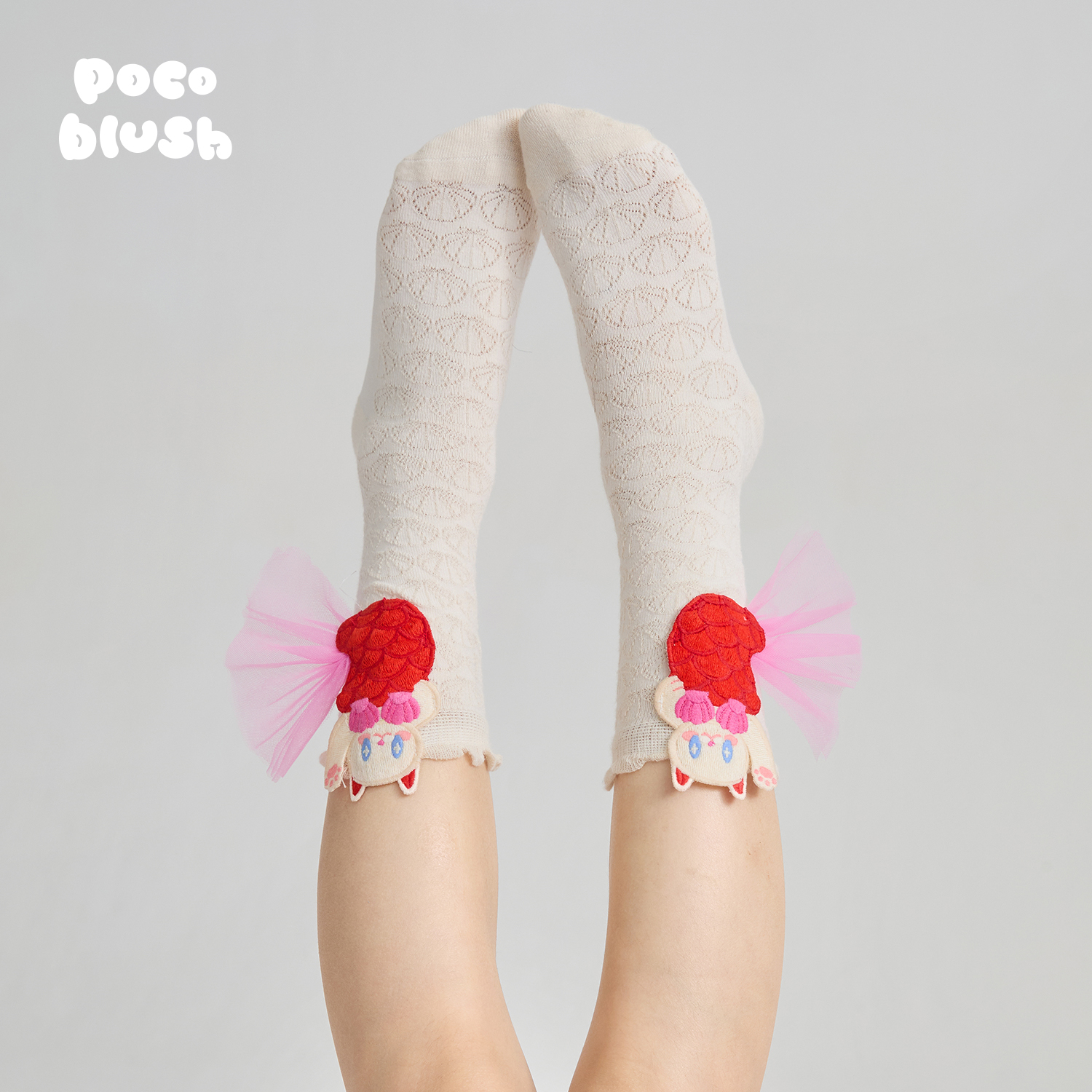 夏威夷鱼尾猫网纱贝壳长袜刺绣