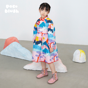 pocoblush原创玉兔游江山图·绗棉连衣裙秋冬女童过膝棉服中长款