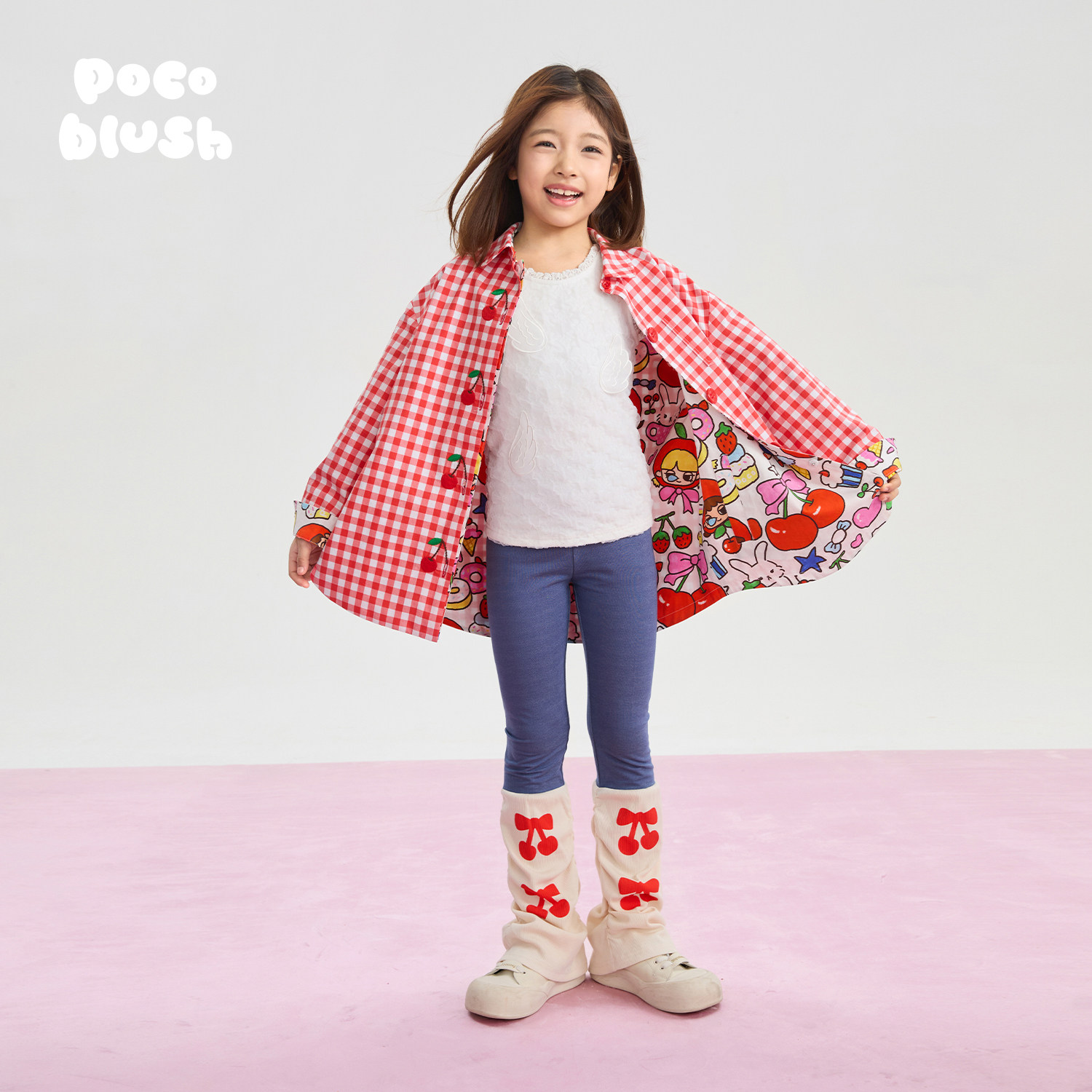 pocoblush【樱桃小格子】两面穿外套女童春夏款陶瓷纽扣趣味上衣