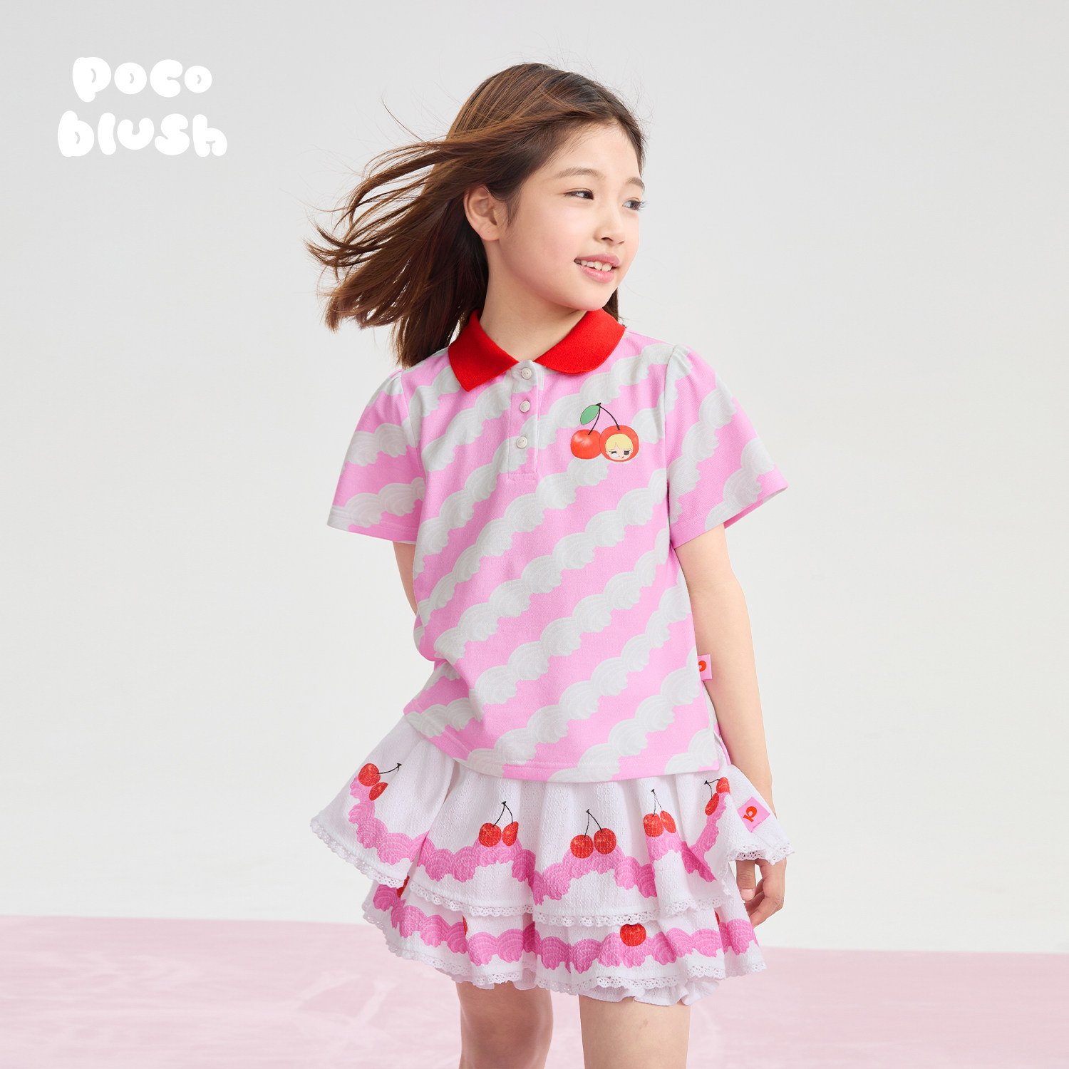pocoblush【一朵朵浪花奶油】印花Polo衫春夏款女童烫画条纹短袖