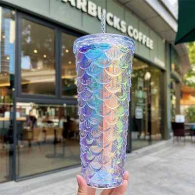 新品studded鱼鳞杯五彩渐变双层塑料杯创意710ml榴莲杯鱼鳞杯