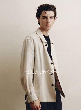 PLUS CRASH衬衫领亚麻100%夹克秋夏薄款雅痞老钱风亚麻老钱风男装