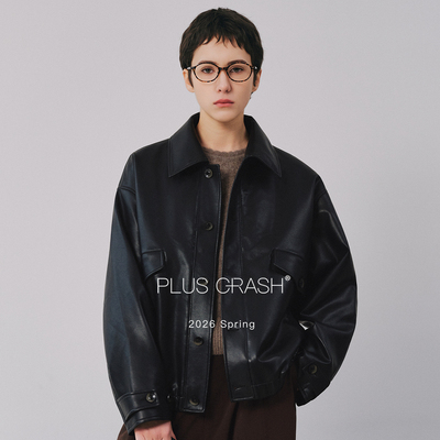 PLUS CRASH春季新款PU皮宽松翻领休闲夹克外套男女同款