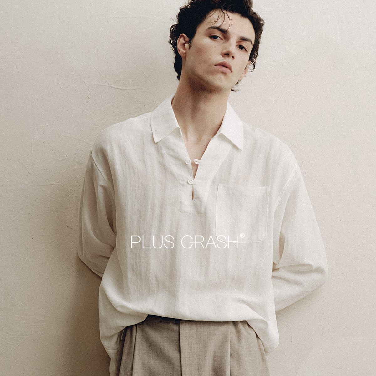 PLUS CRASH海鸥领亚麻衬衫男士长袖百搭高智老钱风松弛感男装