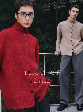 pluscrash冬季绵羊毛衣男款沙漏领桂花针花纱长袖针织开衫女外套