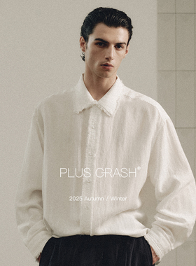 PLUS CRASH老钱风门襟毛边设计翻领长袖亚麻衬衫秋季男女穿搭美式